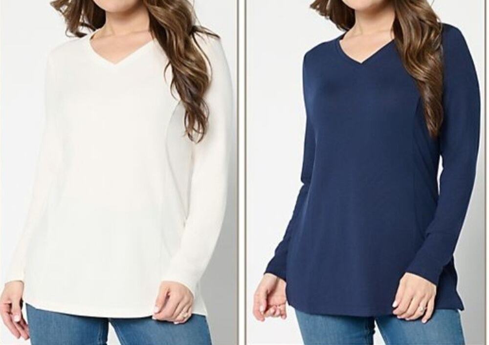 Denim & Co Size S Navy & Ivory Heavenly Jersey 2-Pack V-Neck Tunics A709303 NWOT
